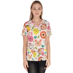 Cute Animals Cartoon Seamless Background Women s V-neck Scrub Top