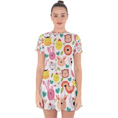 Cute Animals Cartoon Seamless Background Drop Hem Mini Chiffon Dress