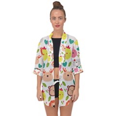 Cute Animals Cartoon Seamless Background Open Front Chiffon Kimono