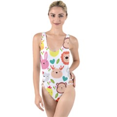 Cute Animals Cartoon Seamless Background High Leg Strappy Swimsuit