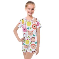 Cute Animals Cartoon Seamless Background Kids  Mesh Tee And Shorts Set