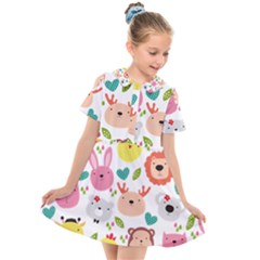 Cute Animals Cartoon Seamless Background Kids  Short Sleeve Shirt Dress by Jancukart