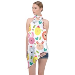 Cute Animals Cartoon Seamless Background Halter Asymmetric Satin Top