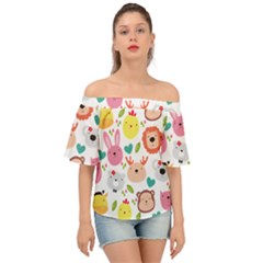 Cute Animals Cartoon Seamless Background Off Shoulder Short Sleeve Top