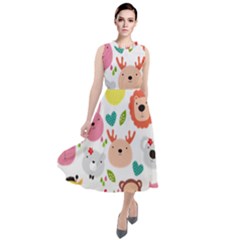 Cute Animals Cartoon Seamless Background Round Neck Boho Dress