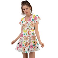 Cute Animals Cartoon Seamless Background Flutter Sleeve Wrap Dress