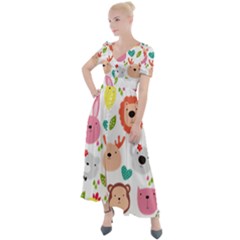 Cute Animals Cartoon Seamless Background Button Up Short Sleeve Maxi Dress