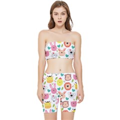 Cute Animals Cartoon Seamless Background Stretch Shorts And Tube Top Set