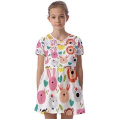 Cute Animals Cartoon Seamless Background Kids  Short Sleeve Pinafore Style Dress