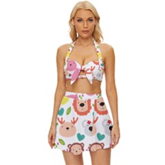 Cute Animals Cartoon Seamless Background Vintage Style Bikini Top And Skirt Set 