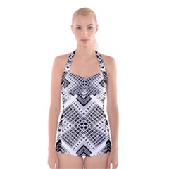 Black And White Modern Texture Seamless Print Fabric Pattern Boyleg Halter Swimsuit 