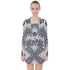 Black And White Modern Texture Seamless Print Fabric Pattern V-neck Bodycon Long Sleeve Dress