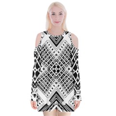 Black And White Modern Texture Seamless Print Fabric Pattern Velvet Long Sleeve Shoulder Cutout Dress