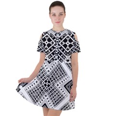 Black And White Modern Texture Seamless Print Fabric Pattern Short Sleeve Shoulder Cut Out Dress 