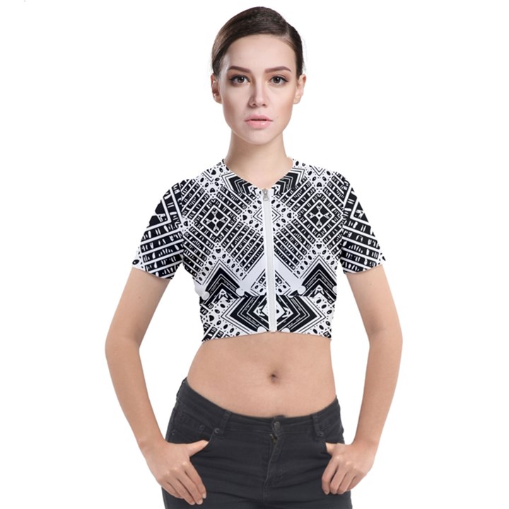 Black And White Modern Texture Seamless Print Fabric Pattern Short Sleeve Cropped Jacket