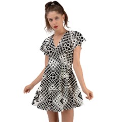 Black And White Modern Texture Seamless Print Fabric Pattern Flutter Sleeve Wrap Dress