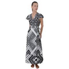 Black And White Modern Texture Seamless Print Fabric Pattern Flutter Sleeve Maxi Dress