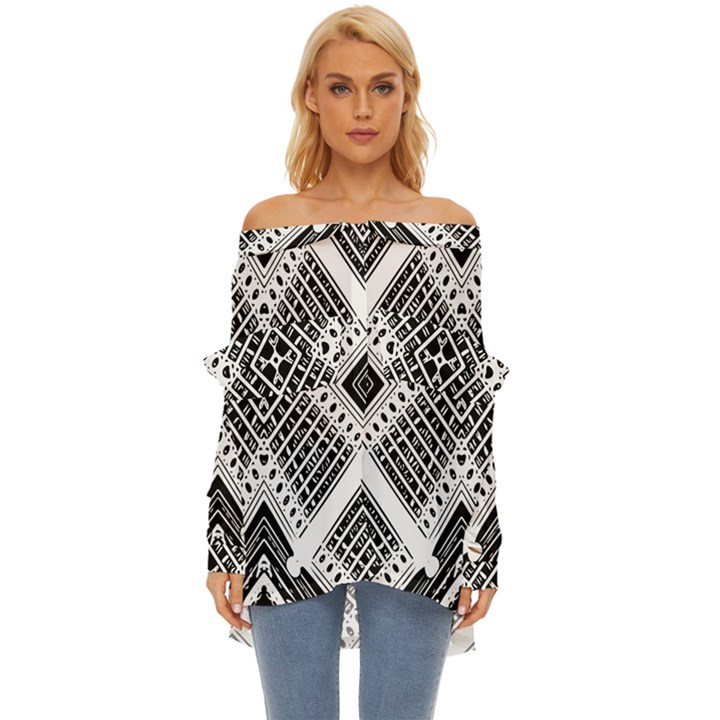 Black And White Modern Texture Seamless Print Fabric Pattern Off Shoulder Chiffon Pocket Shirt