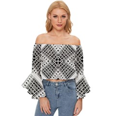 Black And White Modern Texture Seamless Print Fabric Pattern Off Shoulder Flutter Bell Sleeve Top