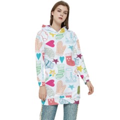 Cute Doodle Christmas Gloves And Stockings Seamless Pattern Women s Long Oversized Pullover Hoodie