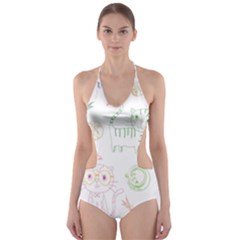 Cats And Food Doodle Seamless Pattern Cut-out One Piece Swimsuit