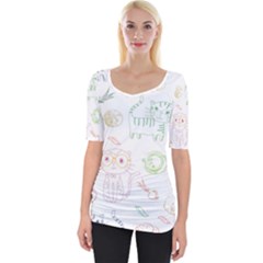 Cats And Food Doodle Seamless Pattern Wide Neckline Tee