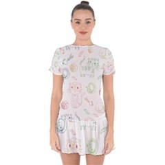 Cats And Food Doodle Seamless Pattern Drop Hem Mini Chiffon Dress