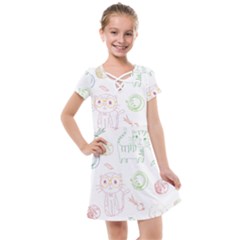 Cats And Food Doodle Seamless Pattern Kids  Cross Web Dress