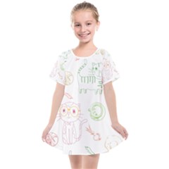 Cats And Food Doodle Seamless Pattern Kids  Smock Dress