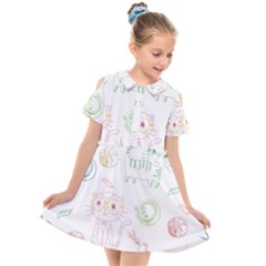 Cats And Food Doodle Seamless Pattern Kids  Short Sleeve Shirt Dress