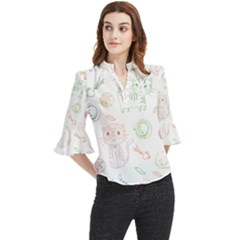 Cats And Food Doodle Seamless Pattern Loose Horn Sleeve Chiffon Blouse