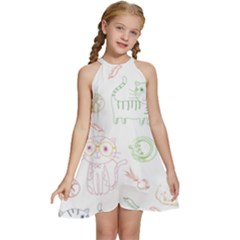 Cats And Food Doodle Seamless Pattern Kids  Halter Collar Waist Tie Chiffon Dress