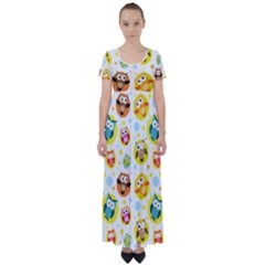 Owl Bird Cartoon High Waist Short Sleeve Maxi Dress