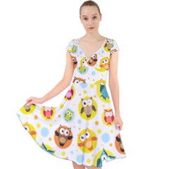 Owl Bird Cartoon Cap Sleeve Front Wrap Midi Dress