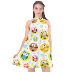 Owl Bird Cartoon Halter Neckline Chiffon Dress 