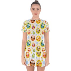 Owl Bird Cartoon Drop Hem Mini Chiffon Dress