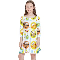 Owl Bird Cartoon Kids  Quarter Sleeve Skater Dress