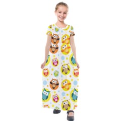 Owl Bird Cartoon Kids  Short Sleeve Maxi Dress