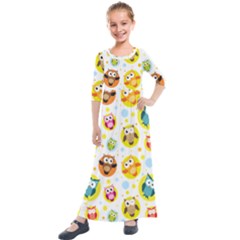 Owl Bird Cartoon Kids  Quarter Sleeve Maxi Dress