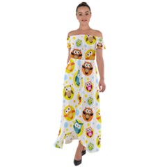 Owl Bird Cartoon Off Shoulder Open Front Chiffon Dress