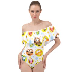 Owl Bird Cartoon Off Shoulder Velour Bodysuit 