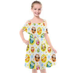 Owl Bird Cartoon Kids  Cut Out Shoulders Chiffon Dress