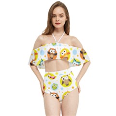 Owl Bird Cartoon Halter Flowy Bikini Set 