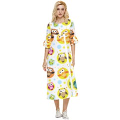 Owl Bird Cartoon Double Cuff Midi Dress