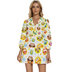 Owl Bird Cartoon V-neck Placket Mini Dress by Jancukart