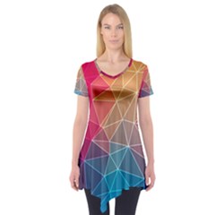 Multicolored Geometric Origami Idea Pattern Short Sleeve Tunic 