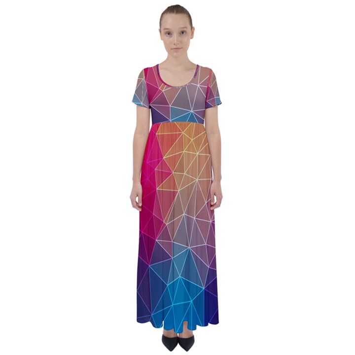 Multicolored Geometric Origami Idea Pattern High Waist Short Sleeve Maxi Dress