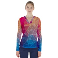 Multicolored Geometric Origami Idea Pattern V-neck Long Sleeve Top