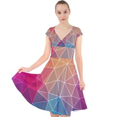 Multicolored Geometric Origami Idea Pattern Cap Sleeve Front Wrap Midi Dress by Jancukart