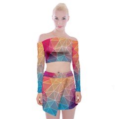 Multicolored Geometric Origami Idea Pattern Off Shoulder Top With Mini Skirt Set